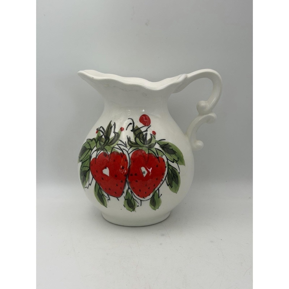 Vintage Strawberry Ceramic Pitcher Hand Painted Creamer Vase‎ Country Cottage